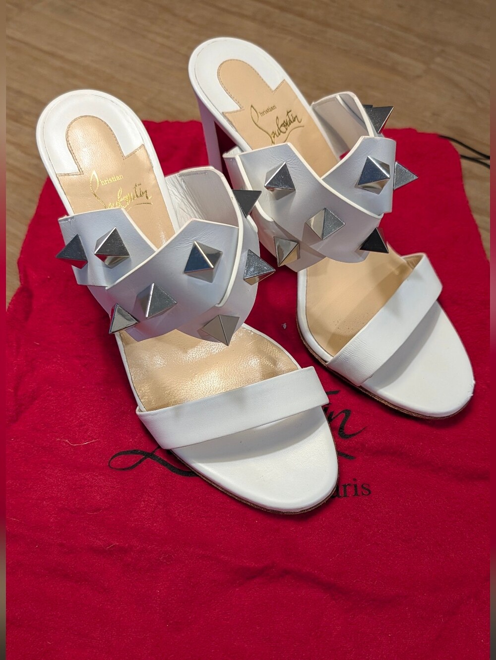 Christian Louboutin White Pyramid-Stud Slide Heels